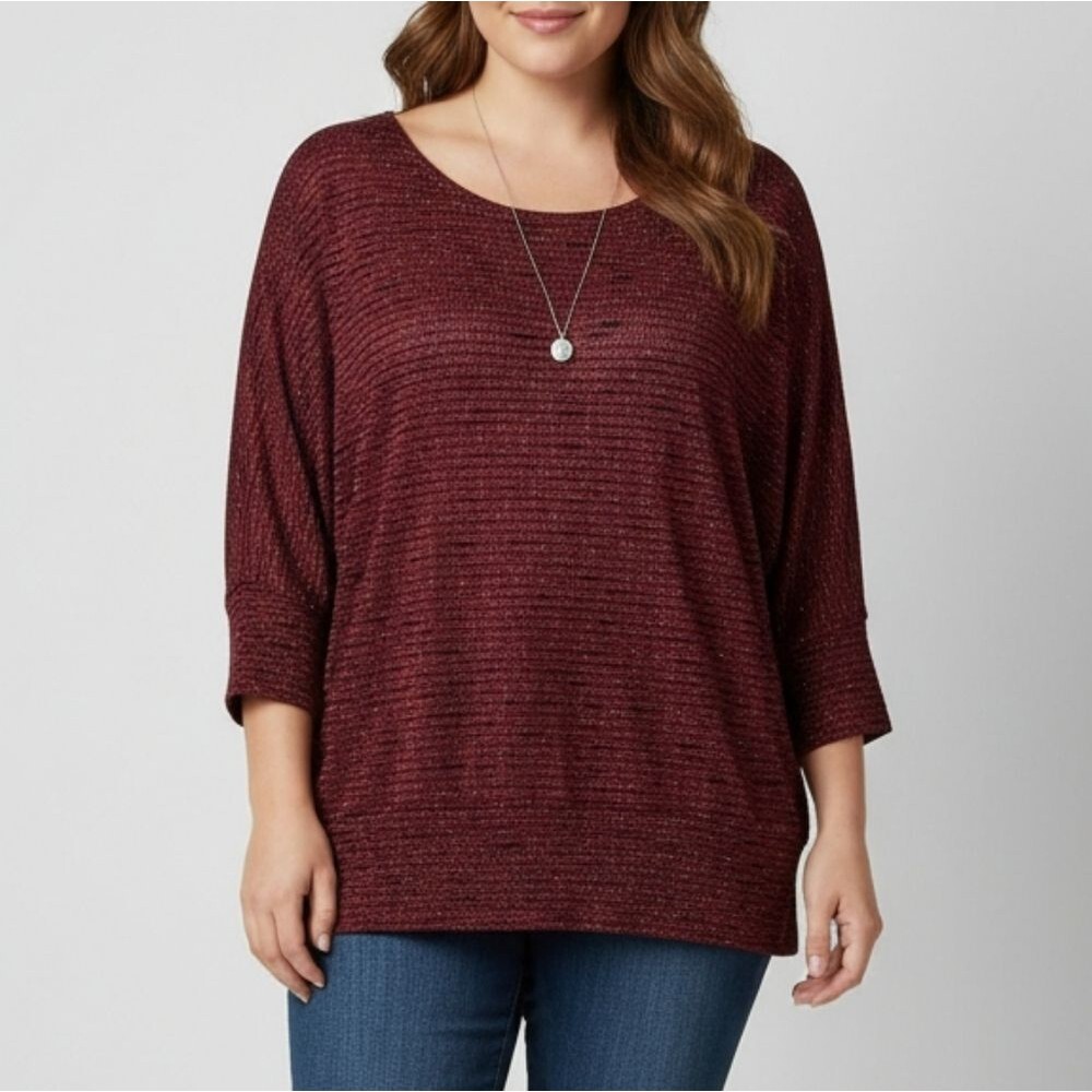 By & By Women's Burgundy Red 3/4 Sleeve Shimmery Semi-Sheer Top Size XL 🐈